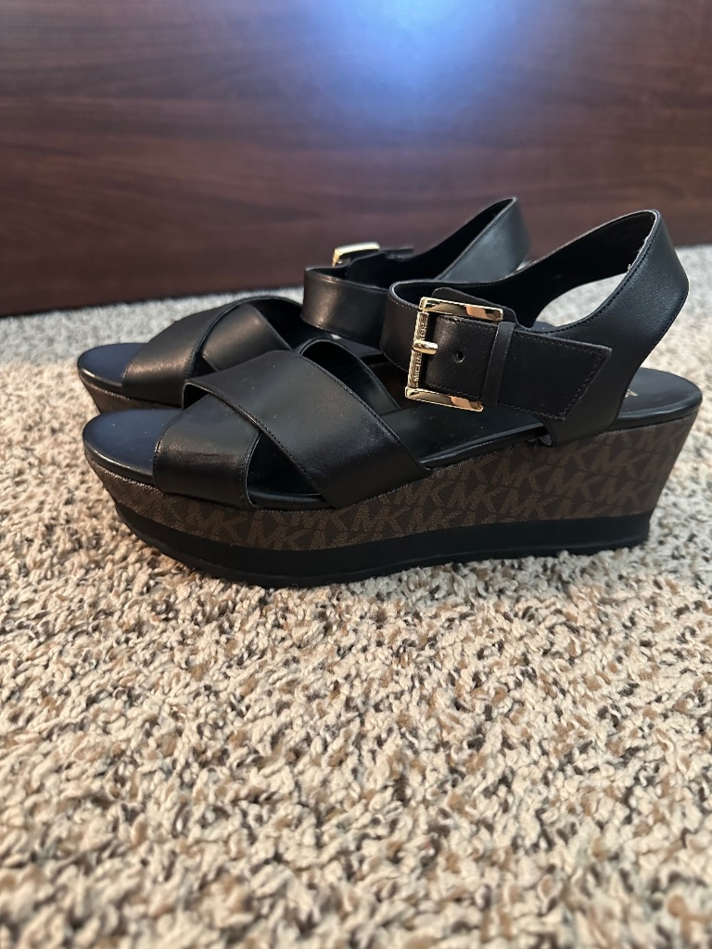 Michael Kors Neva Leather and Logo Signature Print Wedge Sandals - Black Brown